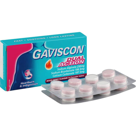 Gaviscon Dual Action chewable tablets in mixed berry flavor, offering fast relief from heartburn and indigestion.