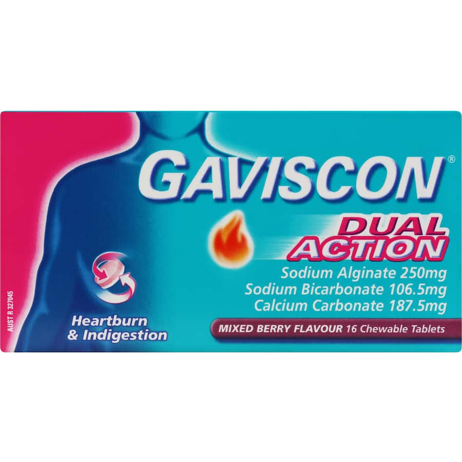 Gaviscon Dual Action Mixed Berry tablets provide fast relief from heartburn and indigestion with a tasty chewable formula.