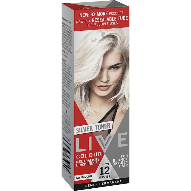 Vibrant silver toner for neutralizing yellow tones and enhancing hair color, suitable for all hair types.