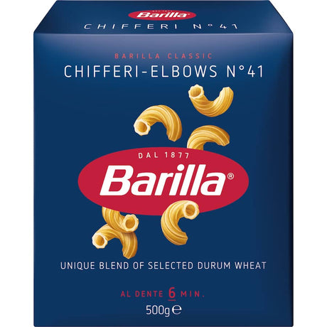 Barilla Pasta Elbows Chifferi, ridged short pasta perfect for holding sauces, ideal for creamy or tomato-based dishes.