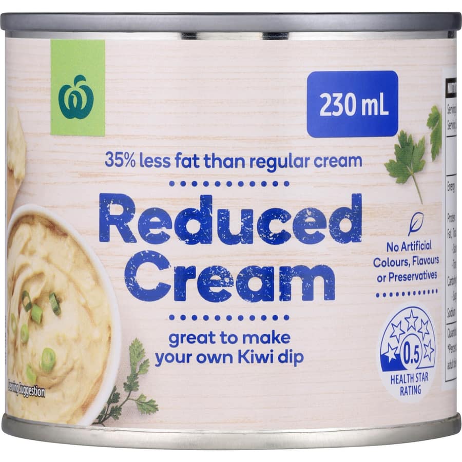 Woolworths Reduced Cream, a versatile reduced-fat cream for cooking, baking, and creamy Kiwi dips, with 35% less fat.