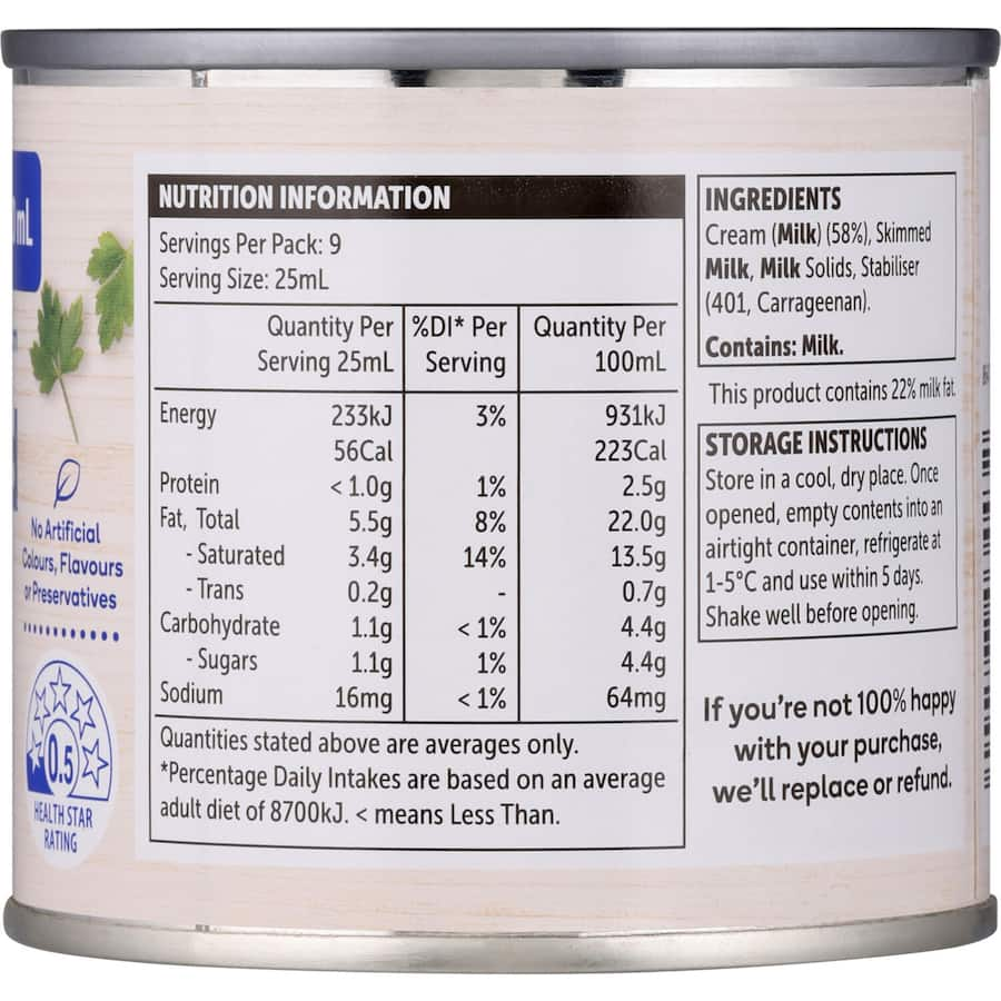 Woolworths Reduced Cream: a versatile, reduced-fat cream perfect for cooking, baking, and making creamy dips with no preservatives.