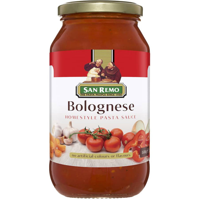 San Remo Pasta Sauce Bolognese: rich tomato and meat sauce, perfect for elevating any pasta dish with authentic Italian flavor.