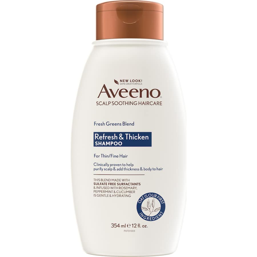 Aveeno Fresh Greens Blend Shampoo for fine hair, featuring a revitalizing formula with kale and green tea for volume and scalp care.