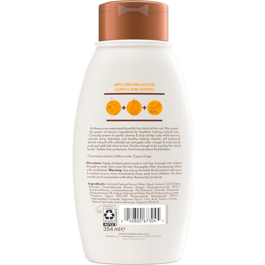 Aveeno Apple Cider Vinegar Shampoo bottle, designed to clarify and nourish dull, oily hair for vibrant shine and healthy scalp.