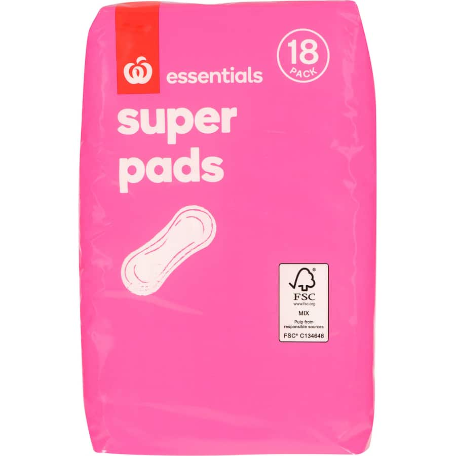 Essentials Pads Super, 18-pack pads with wings for heavy flow, hypoallergenic, ultra-soft, and discreet for comfort and protection.