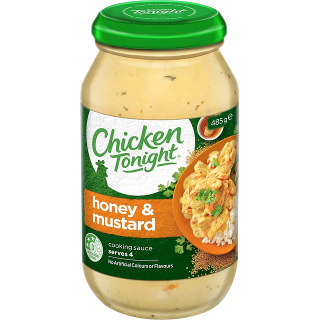 Bottle of Chicken Tonight Meal Base Golden Honey Mustard, featuring a savory honey mustard sauce with carrots and onions.