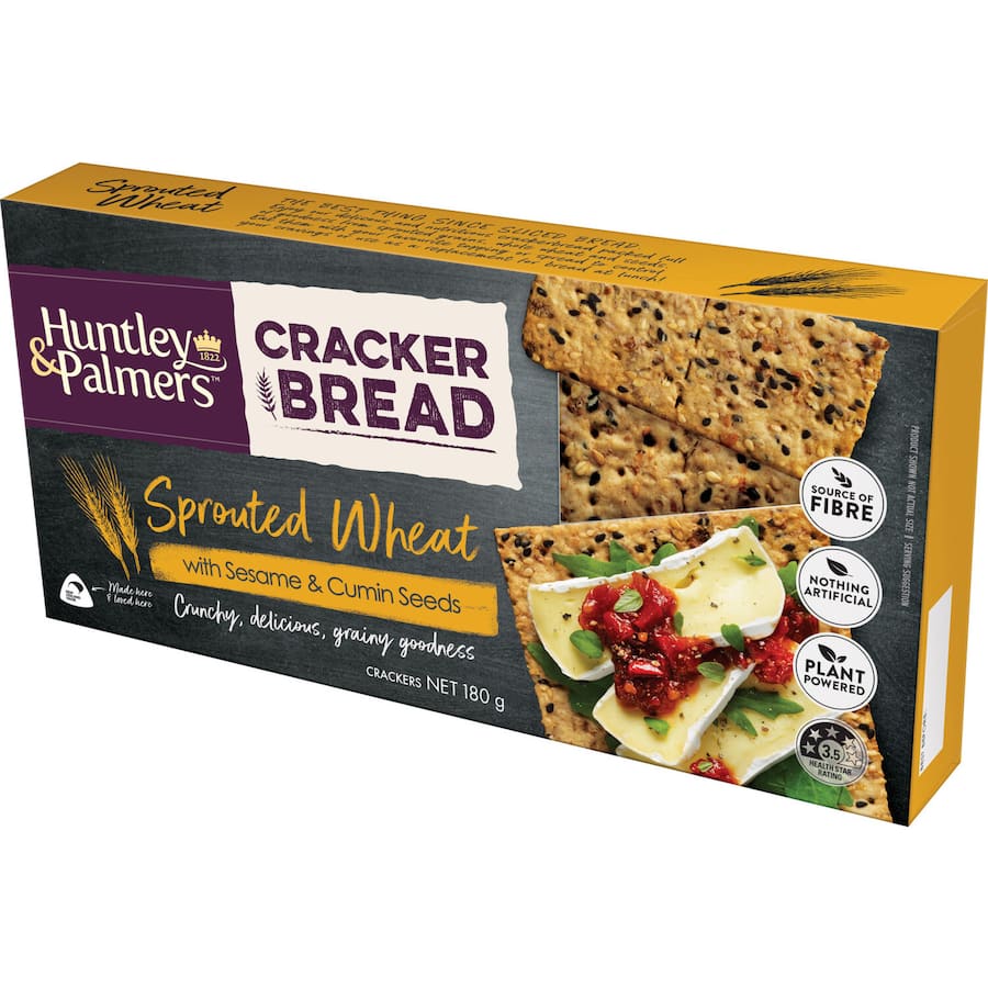 Crunchy Huntley & Palmers Sprouted Wheat Crackers, packed with nutrients and perfect for snacking or cheese pairing.