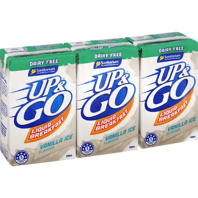 Up&go Liquid Breakfast Dairy Free Vanilla Ice offers a nutritious, convenient breakfast packed with protein, fiber, and essential vitamins.