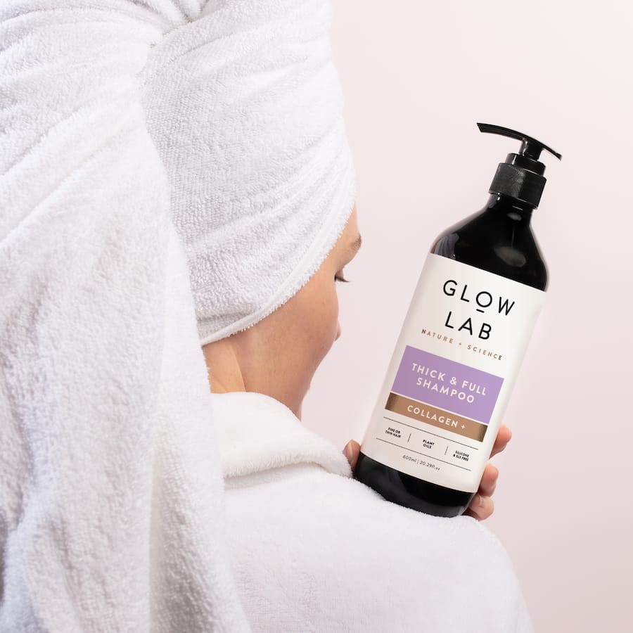 Glow Lab Thick And Full Shampoo revitalizes fine hair with Niacinamide, rice protein, and a delightful floral scent.