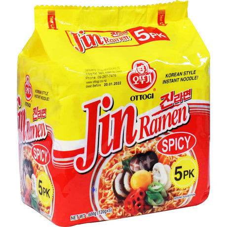 Ottogi Jin Ramen Spicy Multi Pack featuring thick, chewy noodles with a flavorful veggie mix for an authentic Korean meal.