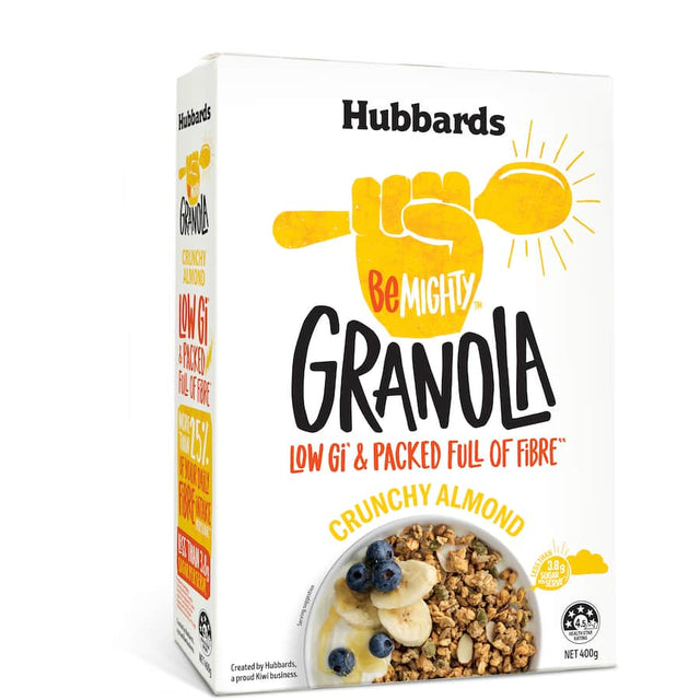 Crunchy almond granola with low GI, high fiber, perfect for a nutritious breakfast or snack to boost your energy.