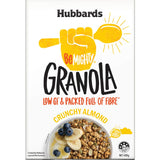 Hubbards Be Mighty Granola with crunchy almonds, low GI, high fiber, and perfect for a nutritious breakfast or snack.