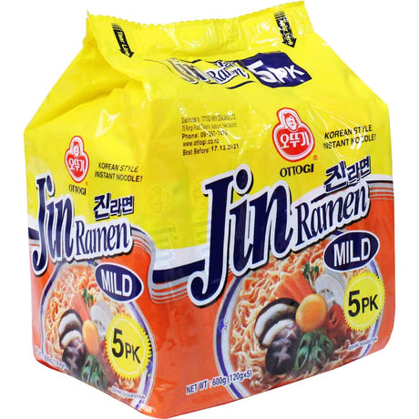 Mild Ottogi Jin Ramen Instant Noodles in a multi-pack, offering a savory broth and 0% trans fat for a healthier meal option.