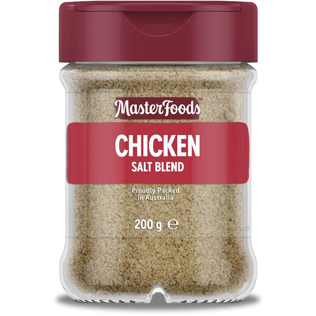 Masterfoods Chicken Salt in a glass shaker jar, perfect for adding savory chicken flavor to dishes and snacks.