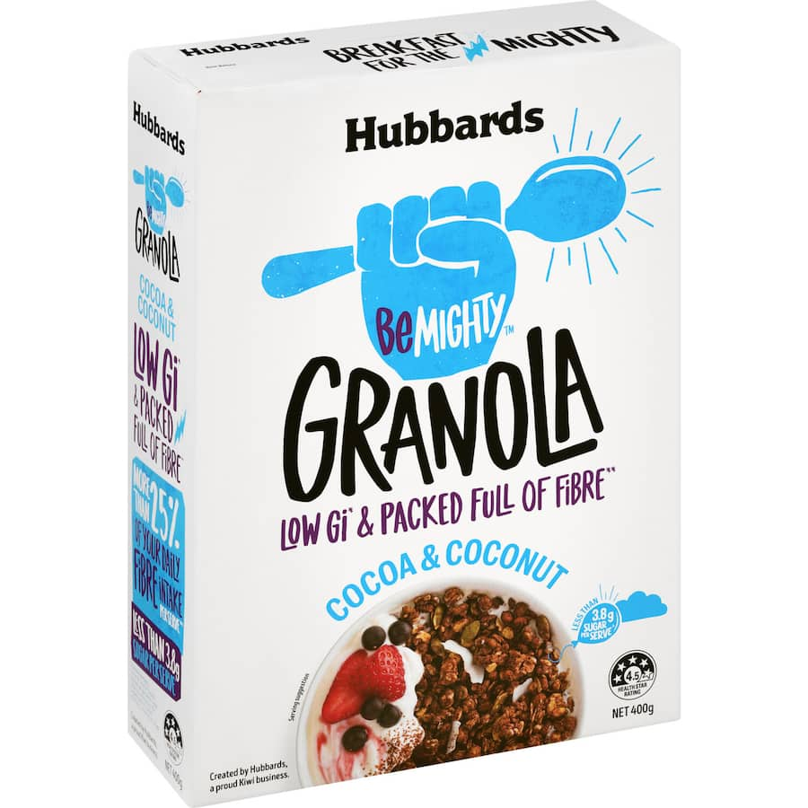 Hubbards Be Mighty Granola Cocoa & Coconut, a gluten-free breakfast with rich cocoa, coconut, and 25% daily fiber.