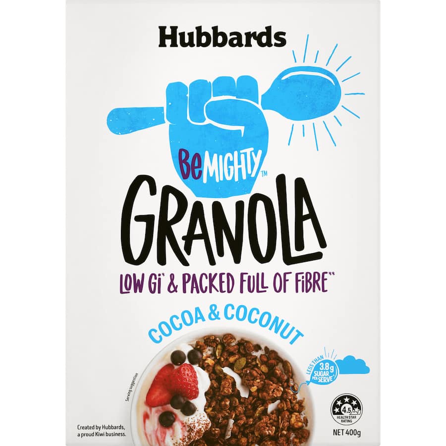 Hubbards Be Mighty Granola Cocoa & Coconut, a gluten-free breakfast packed with fiber and rich cocoa-coconut flavor.