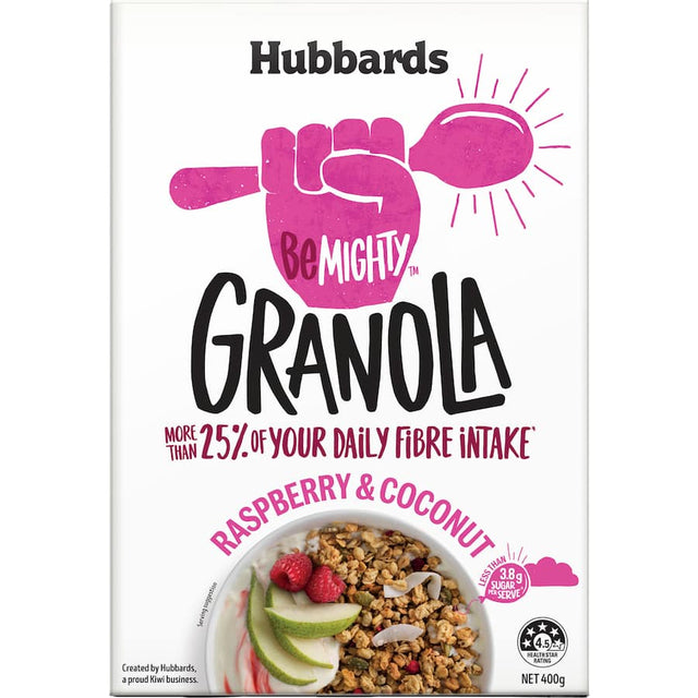 Delicious Hubbards Be Mighty Granola with raspberry and coconut, offering fiber-rich nutrition with low sugar content.