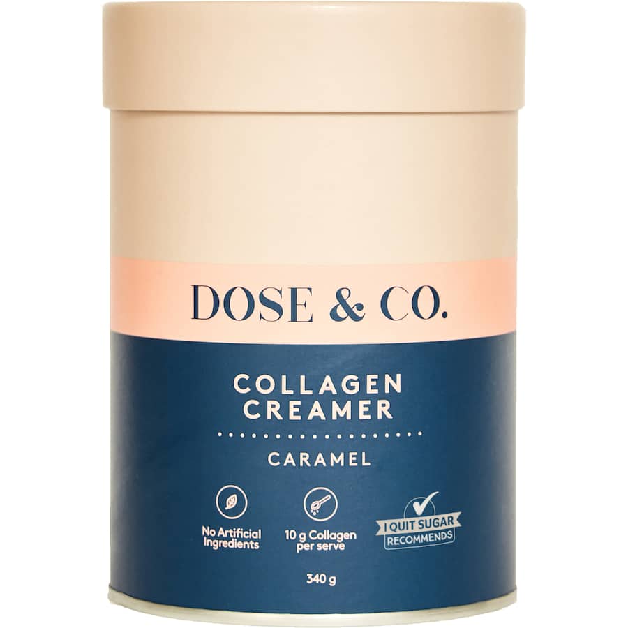 Caramel collagen creamer enhances beverages with rich flavor and 10g type 1 & 3 collagen for healthy skin and joints.