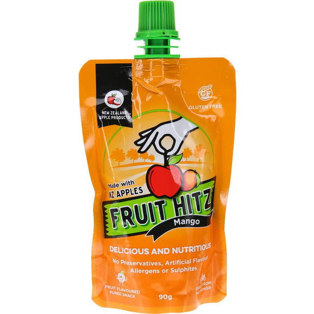 NZ Apple Fruit Hitz Fruit Puree Mango in a jar, featuring natural mango flavor, gluten-free, and no additives for healthy snacking.