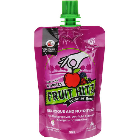 NZ Apple Fruit Hitz Summer Berry puree, a natural blend of berries and apples, perfect for smoothies and desserts.