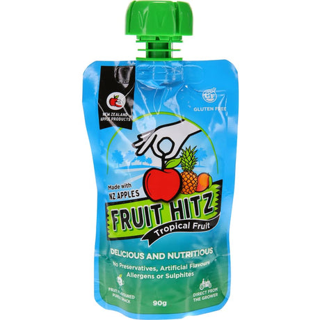 Tropical NZ Apple Fruit Hitz Puree in a jar, showcasing vibrant fruit blend for healthy snacking, gluten-free and all-natural.