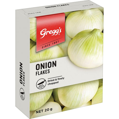 Dried onion flakes by Greggs, ideal for enhancing soups, casseroles, and stews with savory flavor and convenience.