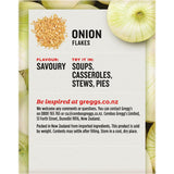 Dried and finely chopped onion flakes, perfect for enhancing soups, stews, casseroles, and savory dishes.