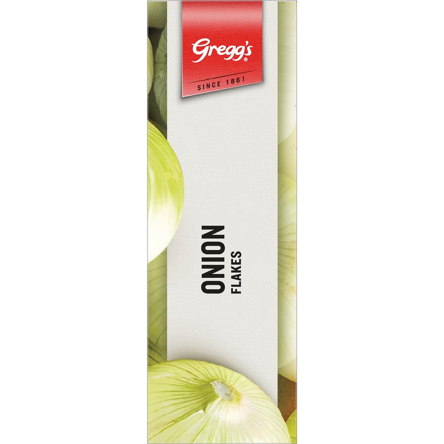 Dried and finely chopped Gregg's Onion Flakes, perfect for enhancing soups, casseroles, and savory dishes effortlessly.