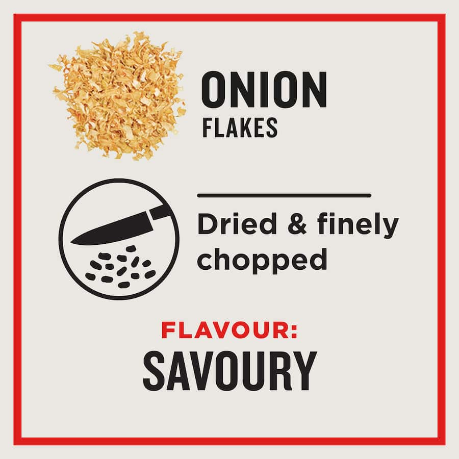 Dried and finely chopped onion flakes for enhancing savory dishes like stews, soups, and casseroles. Convenient cooking essential.