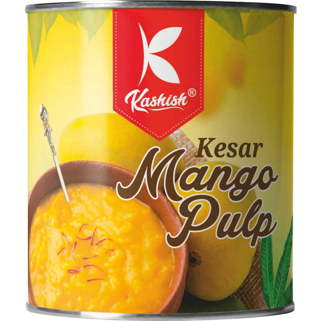 Vibrant Kashish Kesar Mango Pulp, made from handpicked mangoes, perfect for smoothies, desserts, and tropical dishes.