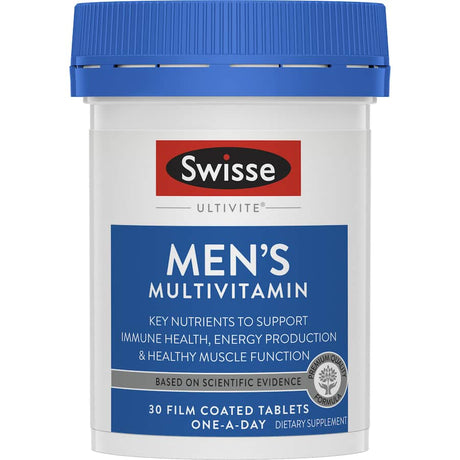 Swisse Ultivite Men Multivitamin tablet showcasing essential vitamins and minerals for men's health and vitality.