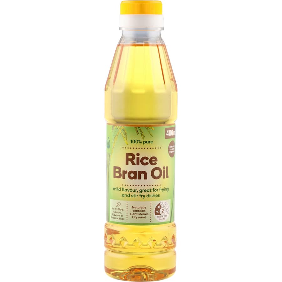 Woolworths Rice Bran Oil: 100% pure, mild-flavored oil rich in vitamin E, ideal for high-temperature cooking and healthy meals.