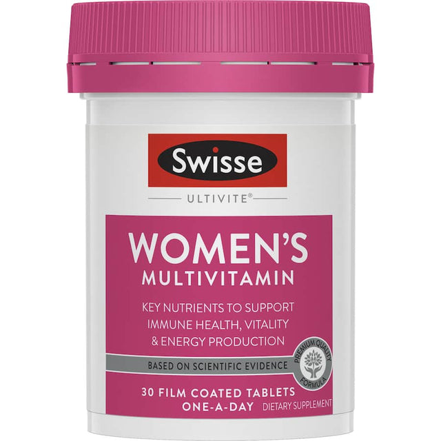 Swisse Ultivite Women Multivitamin: A daily tablet with 45 vital nutrients supporting women's health, energy, and wellbeing.
