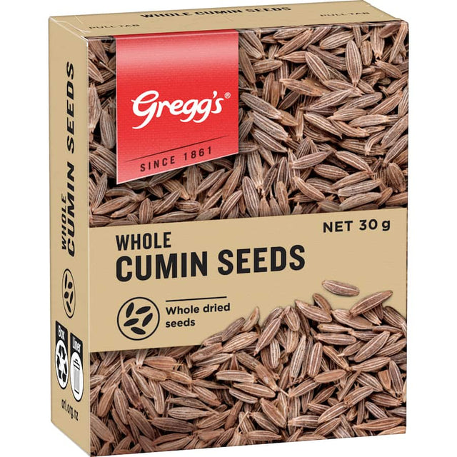 Whole cumin seeds from Greggs, delivering robust flavor for curries, soups, and roasted dishes; perfect for toasting.