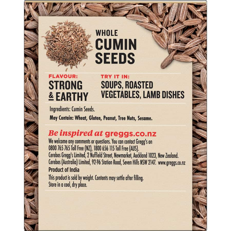 Whole cumin seeds from Greggs, known for their robust earthy flavor, ideal for enhancing various international dishes.