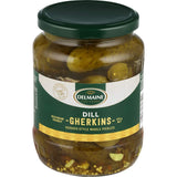 Crispy Delmaine Dill Gherkins infused with garlic and dill, perfect for burgers, sandwiches, or standalone snacking.