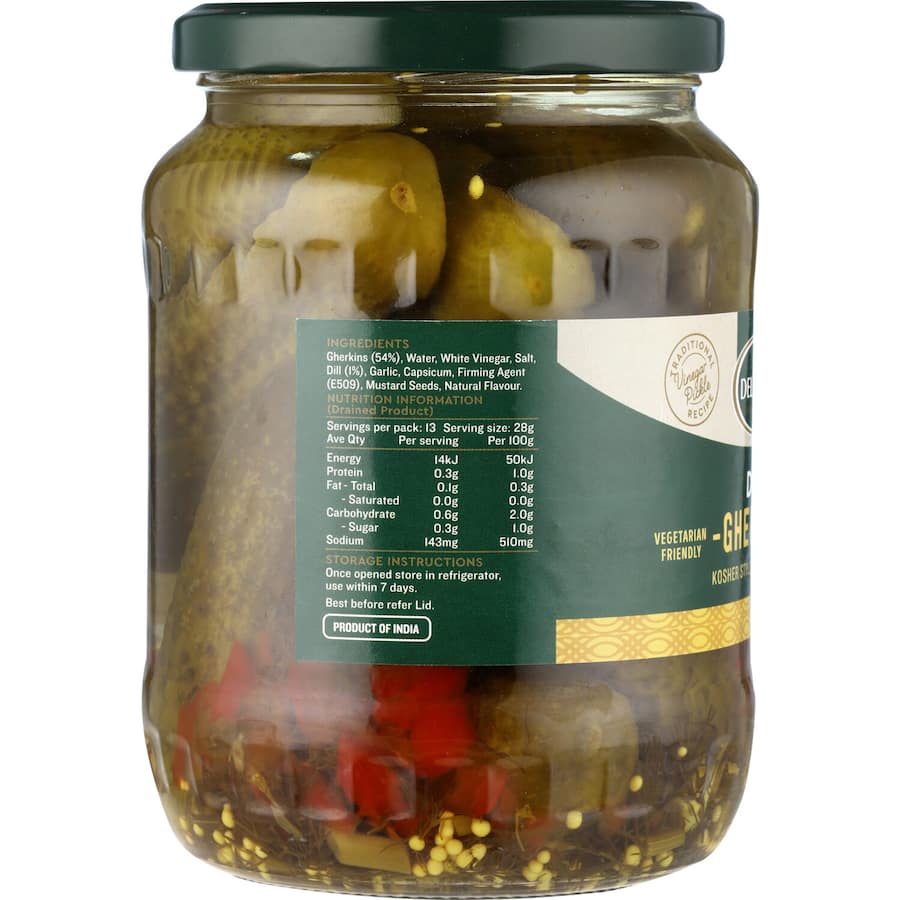 Delmaine Dill Gherkins Kosher: crispy, garlic-infused gherkins perfect for burgers, sandwiches, or standalone snacking.