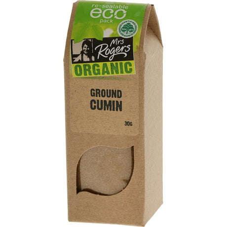 Ground organic cumin from Mrs Rogers, perfect for enhancing flavors in curries, Mexican dishes, and more.