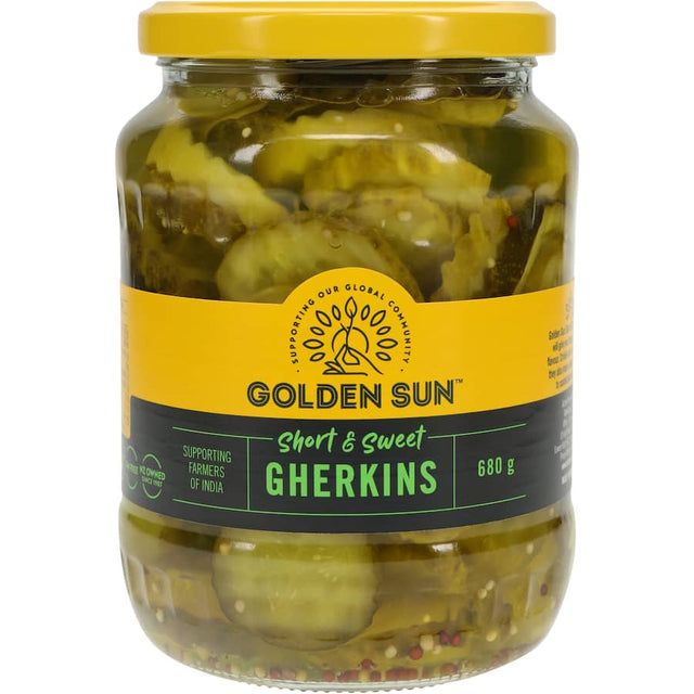 A jar of Golden Sun Gherkins, crinkle-cut and tangy, perfect for enhancing burgers, hot dogs, and salads.