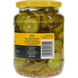 Crinkle-cut Golden Sun Gherkins Short & Sweet, perfect for adding tangy crunch to burgers, hot dogs, and salads.