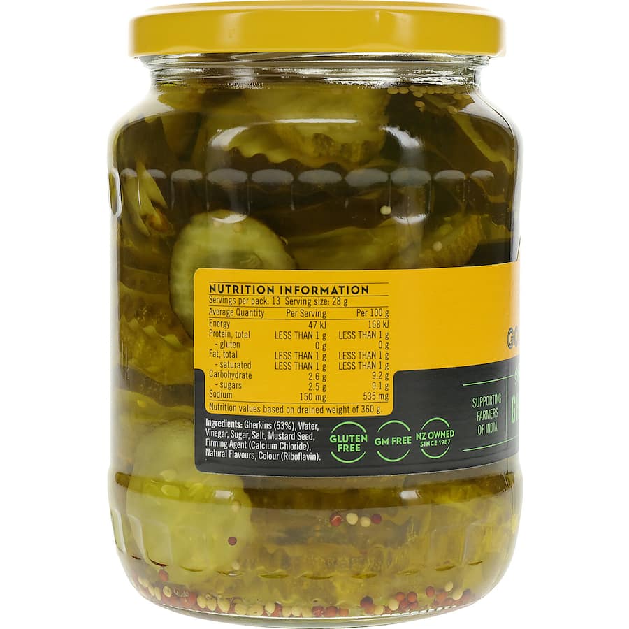 Crunchy Golden Sun Gherkins Short & Sweet, crinkle-cut and bursting with tangy flavor, perfect for burgers and sandwiches.