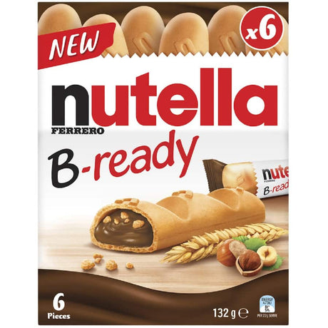 Nutella B-ready Biscuit Bar pack with 6 individually wrapped crunchy wafer bars filled with creamy Nutella and crispy pieces.