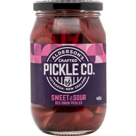 Vibrant Aldersons Red Sweet & Sour Pickled Onions in a jar, perfect for adding tangy crunch to various dishes.