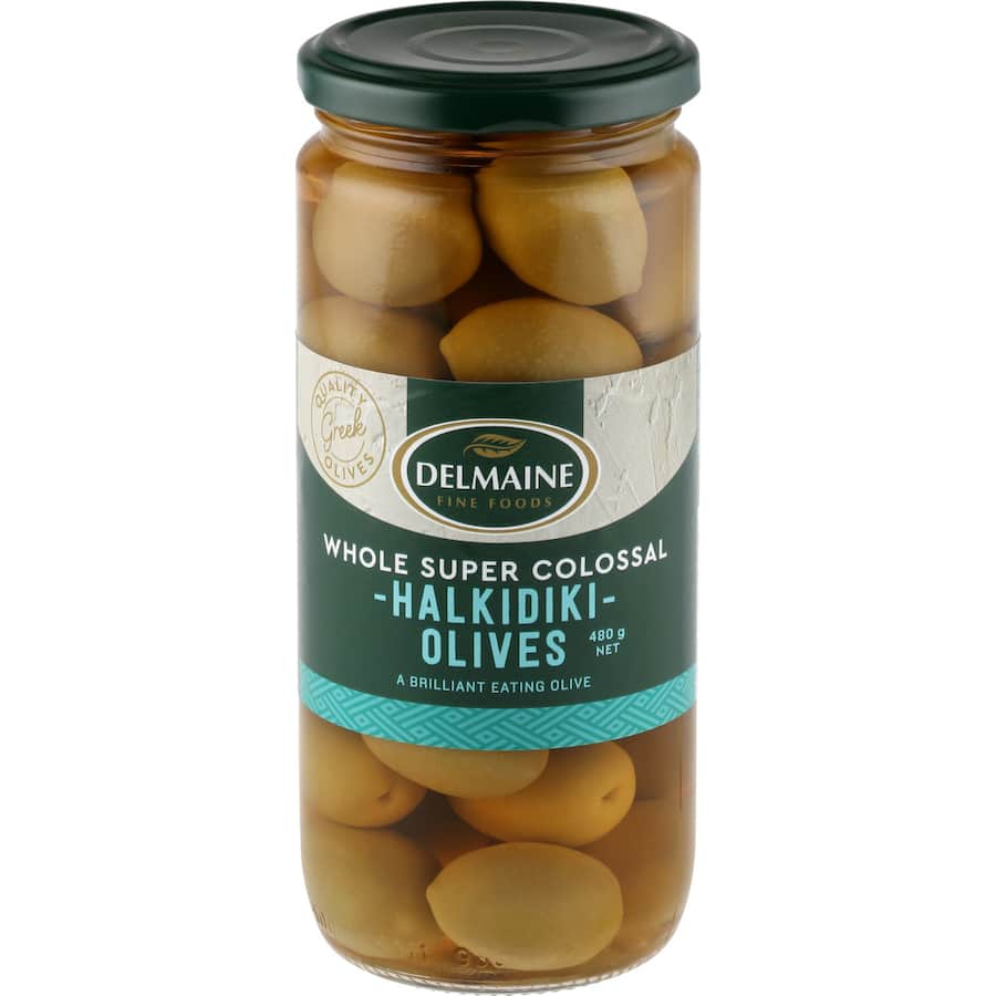 Plump Halkidiki olives from Greece, ideal for snacking, antipasto, and salads, with flavors of lemon and garlic.