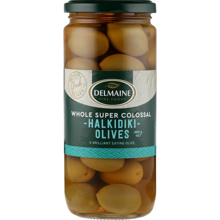 Large, plump Halkidiki olives from Greece, perfect for snacking or adding to antipasto platters and salads.