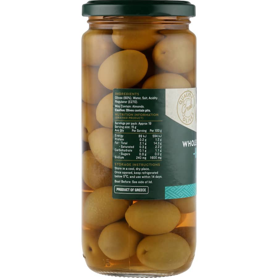 Plump Halkidiki olives from Greece, ideal for snacking, antipasto, and roasting with garlic and herbs.