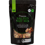 Premium Woolworths Salted Nut Mix with roasted cashews, almonds, walnuts, and macadamia nuts, lightly salted for flavor.