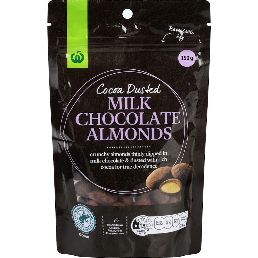 Woolworths Milk Chocolate Almonds: Crunchy roasted almonds coated in smooth milk chocolate, dusted with cocoa for a gourmet treat.