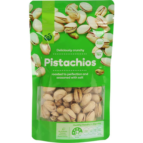 A pack of Woolworths Pistachios, roasted and lightly salted for a crunchy, flavorful snack rich in protein and fiber.